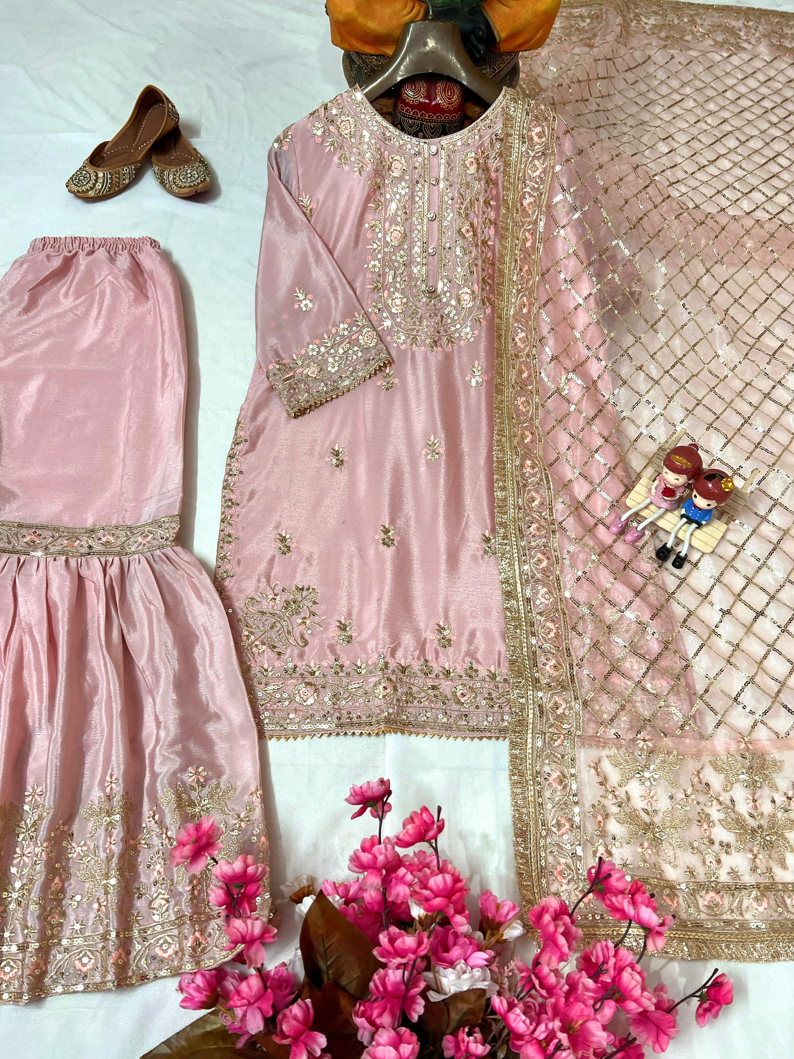 Elegant Chinon Silk Kurti & Sharara Set with Organza Dupatta