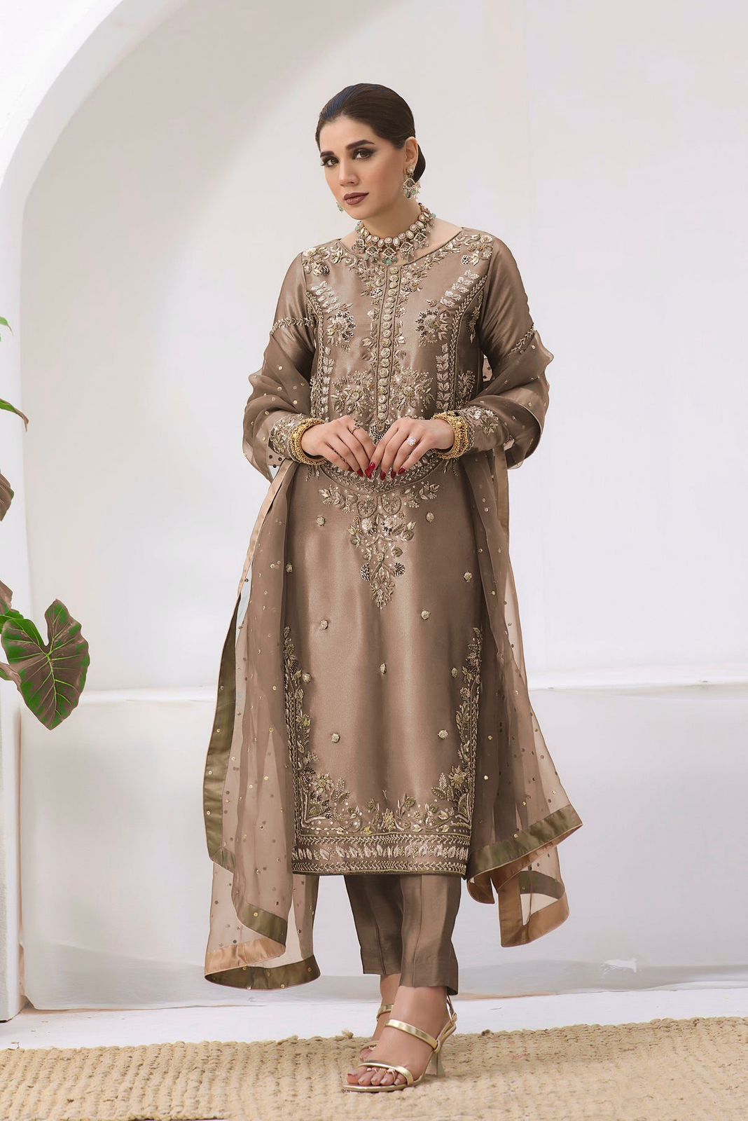 New Pakistani Designer Collection In Jimmy Choo Silk Top-Pent And Dupatta Set Fully Stitched 