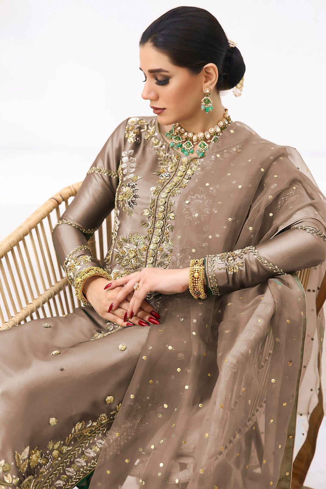 New Pakistani Designer Collection In Jimmy Choo Silk Top-Pent And Dupatta Set Fully Stitched 