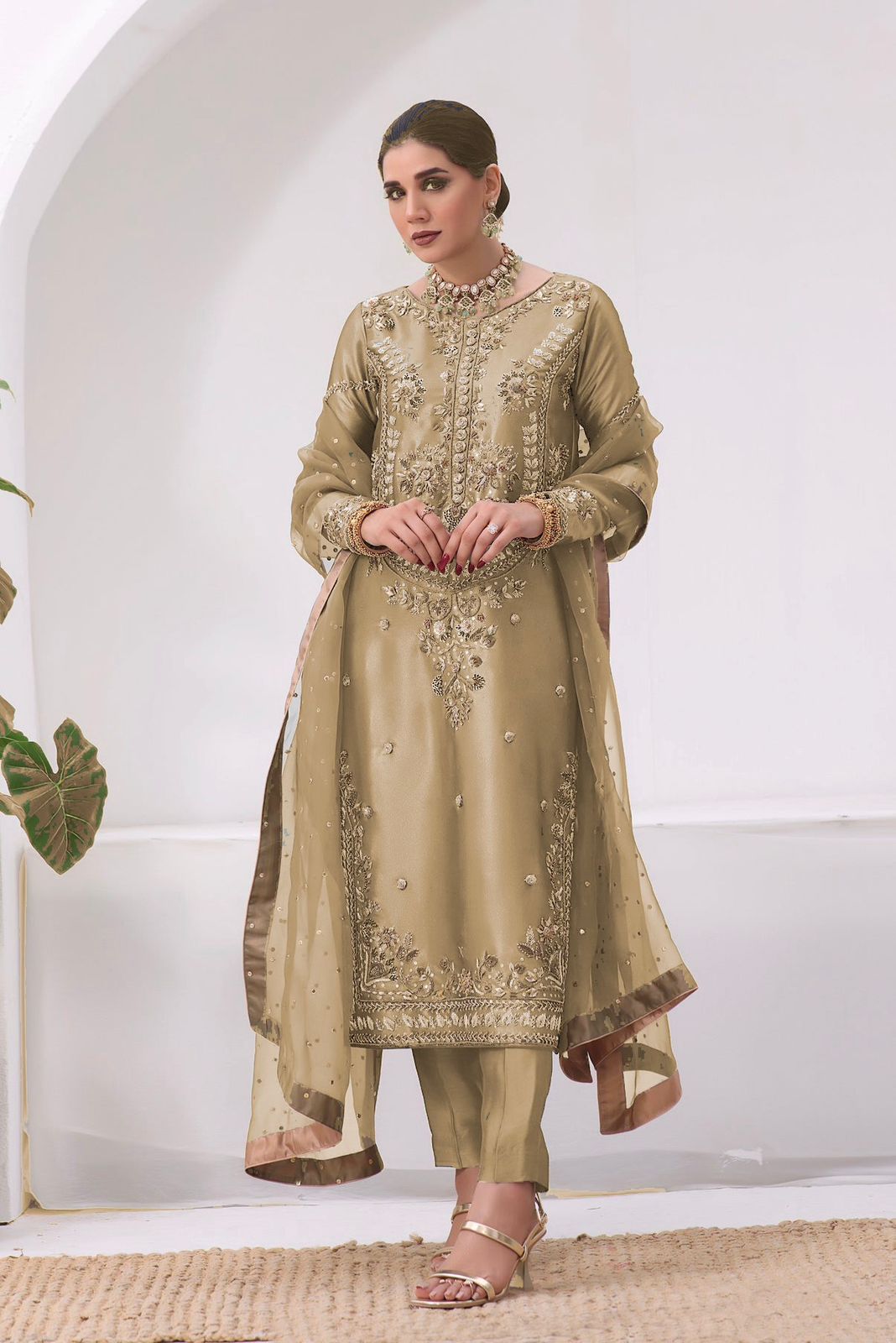 New Pakistani Designer Collection In Jimmy Choo Silk Top-Pent And Dupatta Set Fully Stitched 