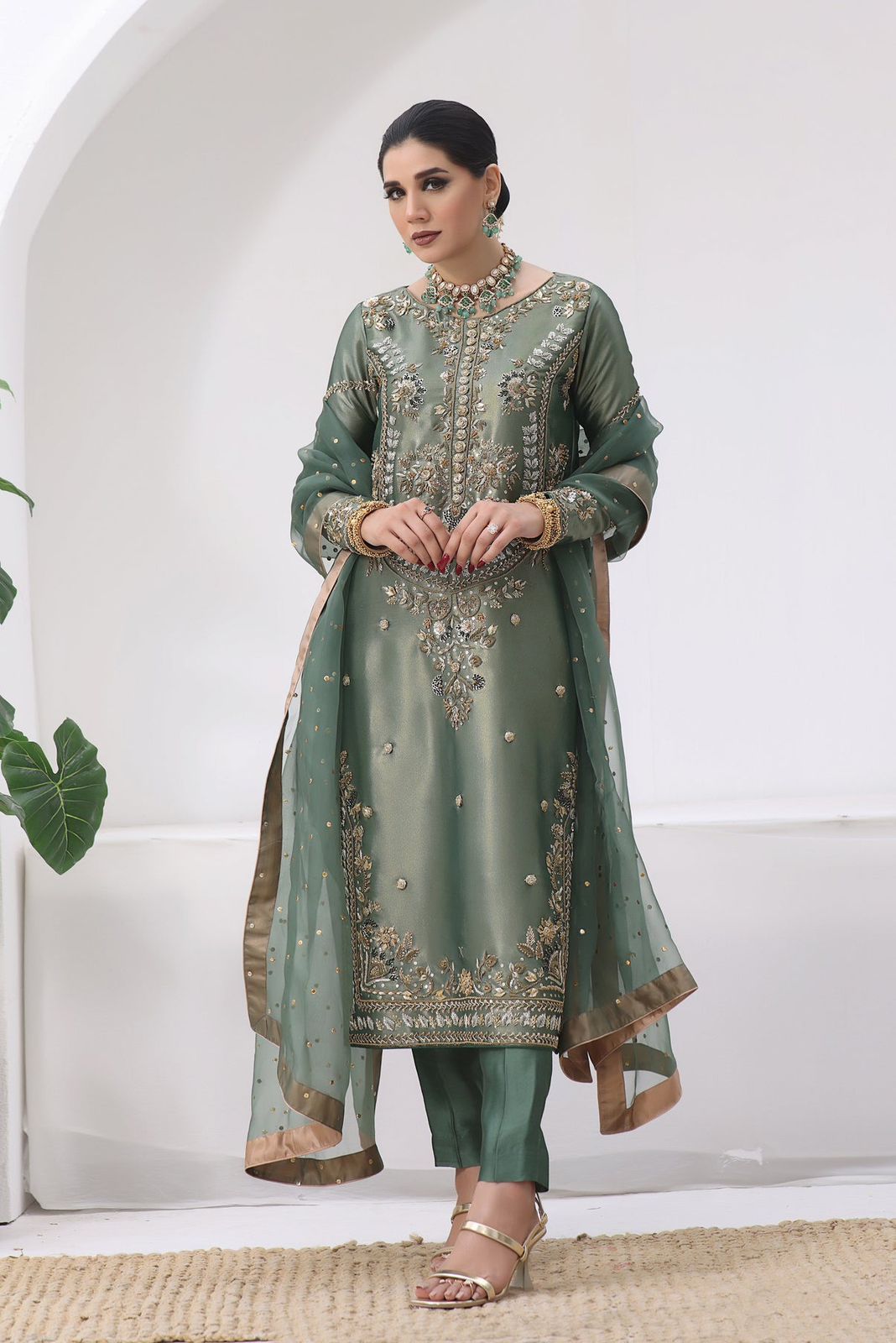 New Pakistani Designer Collection In Jimmy Choo Silk Top-Pent And Dupatta Set Fully Stitched 