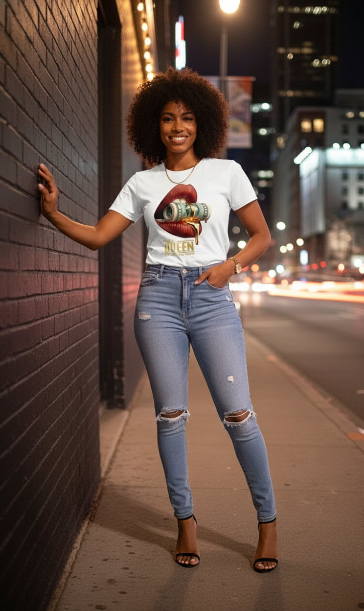 Only A Queen Can Keep A King Focused Graphic Tee Luxury Money Lips Shirt for Women —high quality cotton