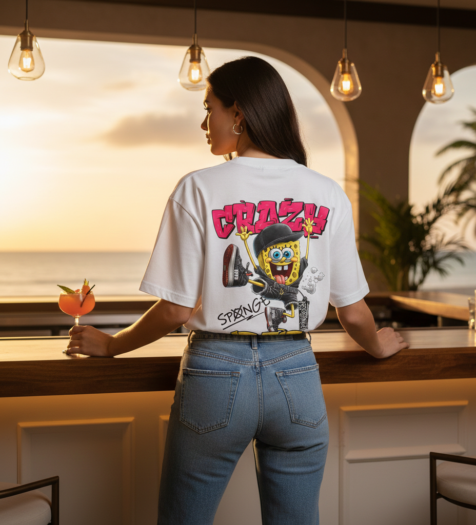 Urban Streetwear Graphic T-Shirt - "Crazy Sponge" Graffiti Back Print - Hypebeast Style Cotton Tee - Sneaker Match Apparel