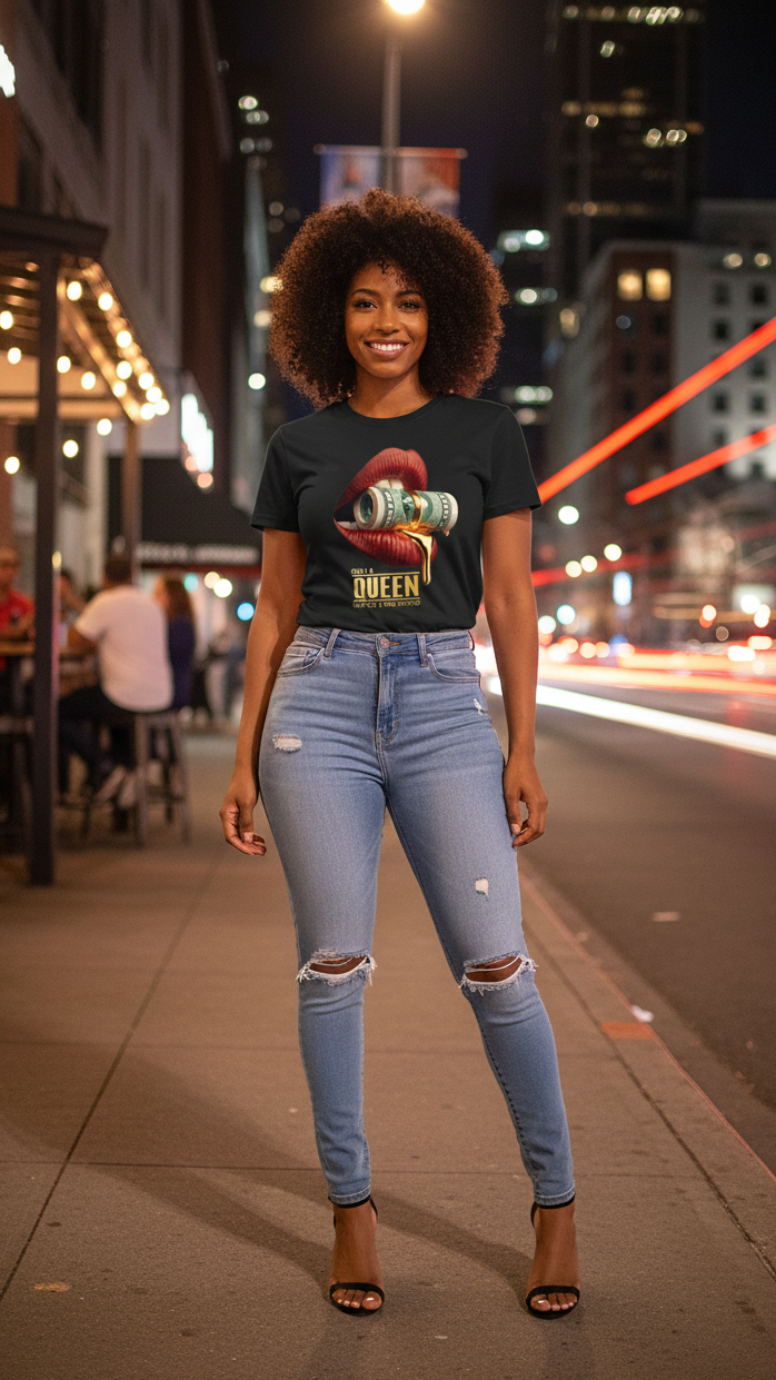 Only A Queen Can Keep A King Focused Graphic Tee Luxury Money Lips Shirt for Women —high quality cotton