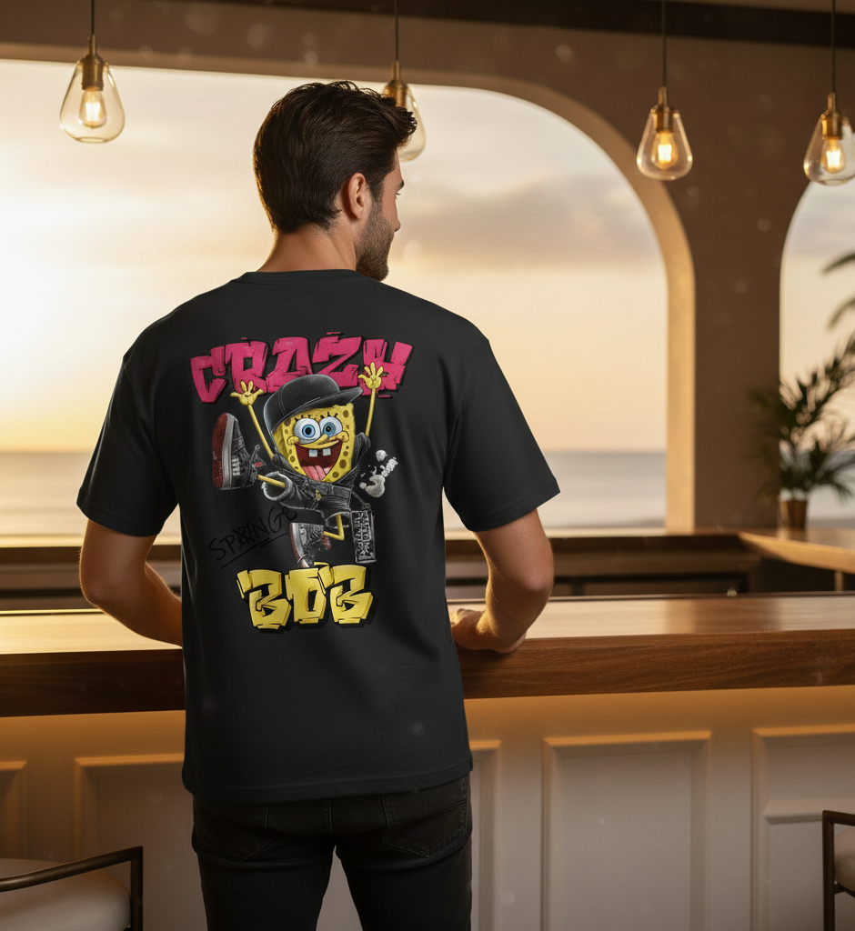 Urban Streetwear Graphic T-Shirt - "Crazy Sponge" Graffiti Back Print - Hypebeast Style Cotton Tee - Sneaker Match Apparel