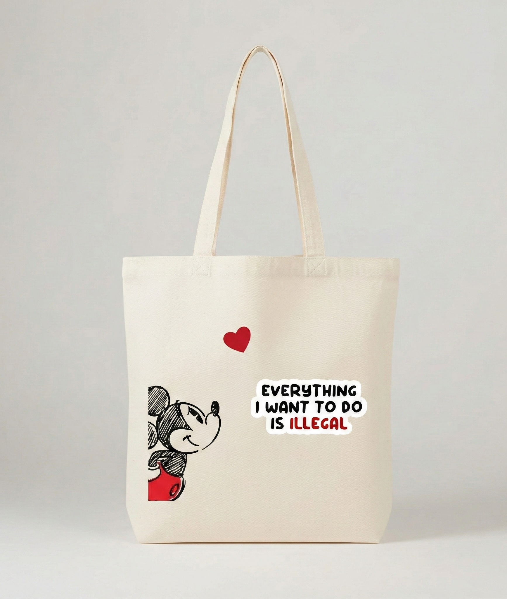 Funny Canvas Tote Bag for Women & Men – "Everything I Want To Do Is Illegal" – Cute Cartoon Mouse Design – Reusable Aesthetic Cotton Shoulder Bag for Groceries, School, Beach, and Travel – Eco-Friendly Shopper