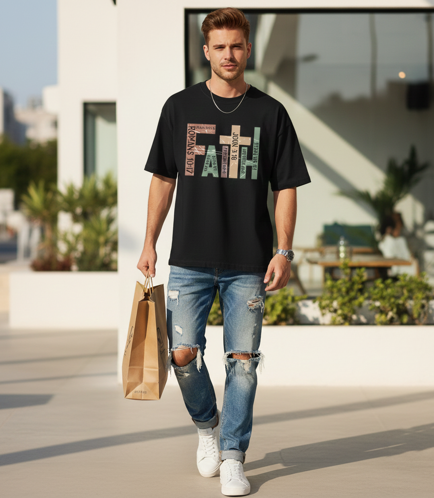 Faith Christian T-Shirt with Bible Verses - Vintage Distressed Cross Design - Religious Scripture Gift for Men