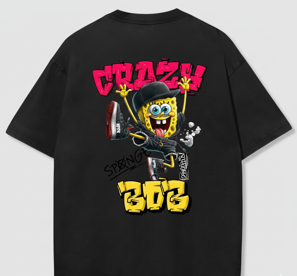 Urban Streetwear Graphic T-Shirt - "Crazy Sponge" Graffiti Back Print - Hypebeast Style Cotton Tee - Sneaker Match Apparel