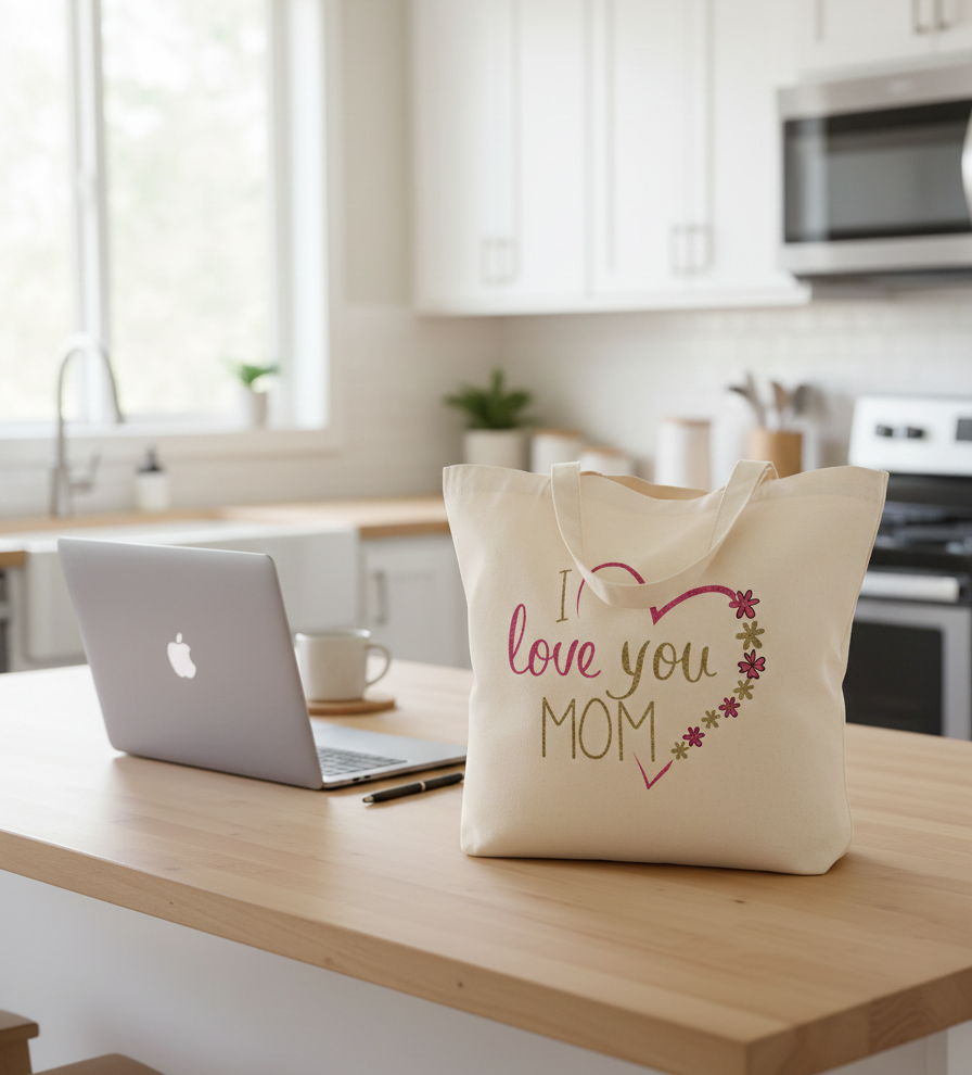 I Love You Mom Canvas Tote Bag – Aesthetic Floral Heart Design – Reusable Cotton Shoulder Bag for Shopping, Groceries, & Travel – Perfect Mother’s Day & Birthday Gift for Mom – Durable & Eco-Friendly