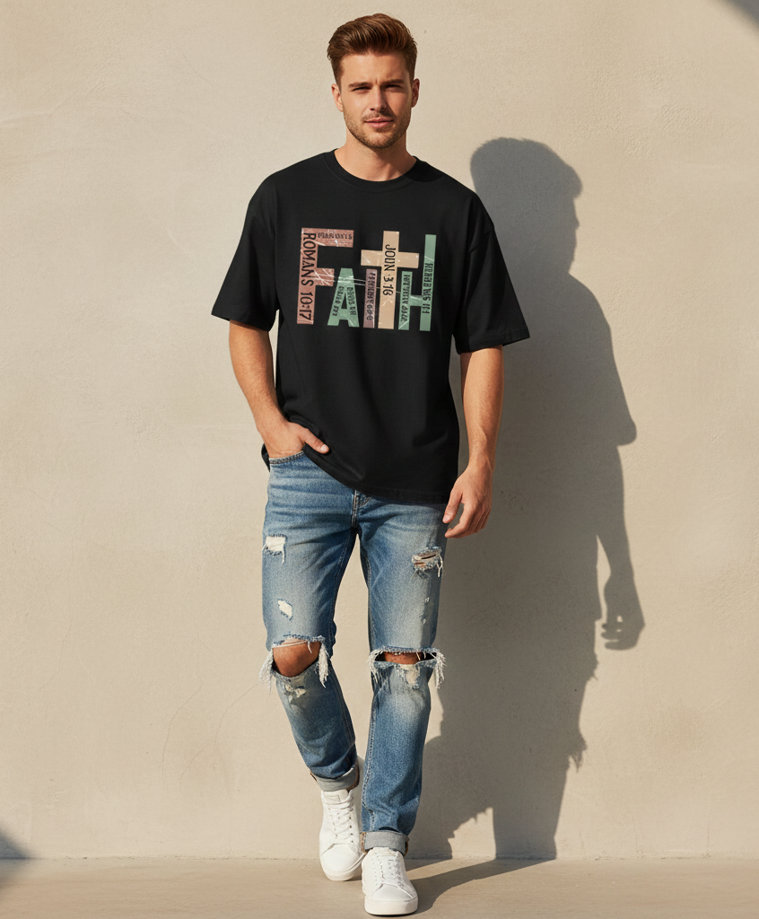 Faith Christian T-Shirt with Bible Verses - Vintage Distressed Cross Design - Religious Scripture Gift for Men
