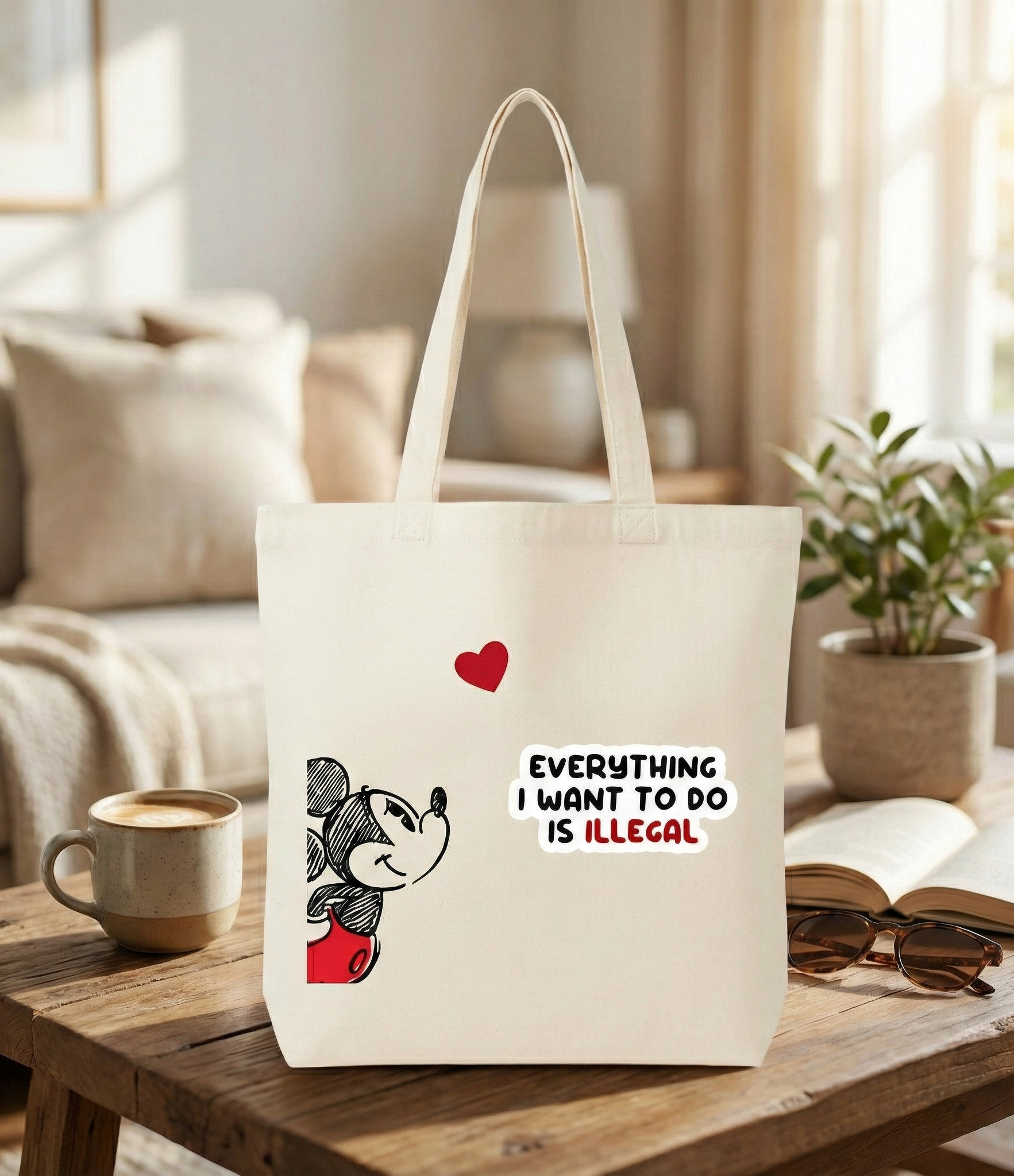 Funny Canvas Tote Bag for Women & Men – "Everything I Want To Do Is Illegal" – Cute Cartoon Mouse Design – Reusable Aesthetic Cotton Shoulder Bag for Groceries, School, Beach, and Travel – Eco-Friendly Shopper