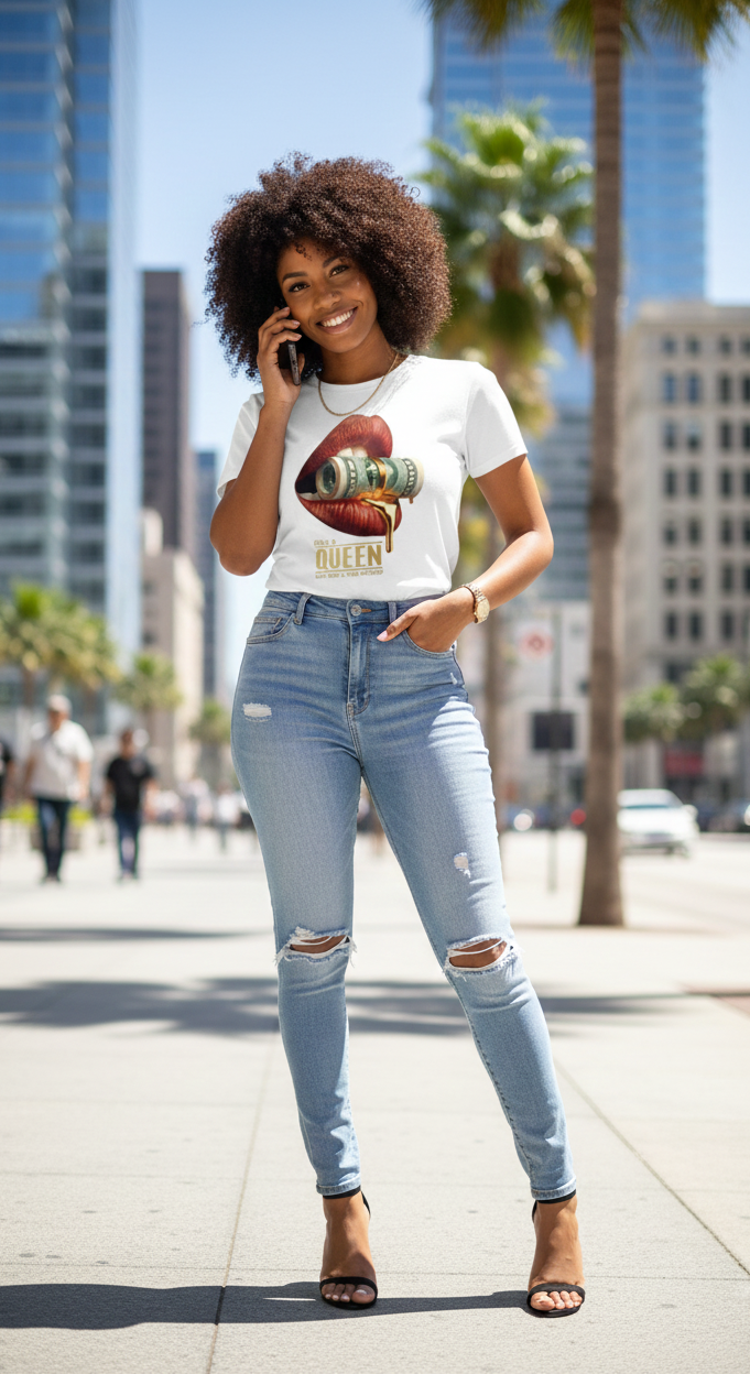 Only A Queen Can Keep A King Focused Graphic Tee Luxury Money Lips Shirt for Women —high quality cotton