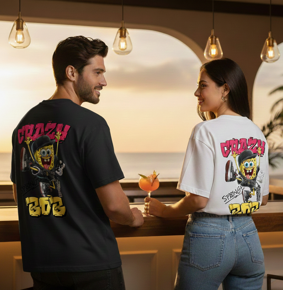 Urban Streetwear Graphic T-Shirt - "Crazy Sponge" Graffiti Back Print - Hypebeast Style Cotton Tee - Sneaker Match Apparel