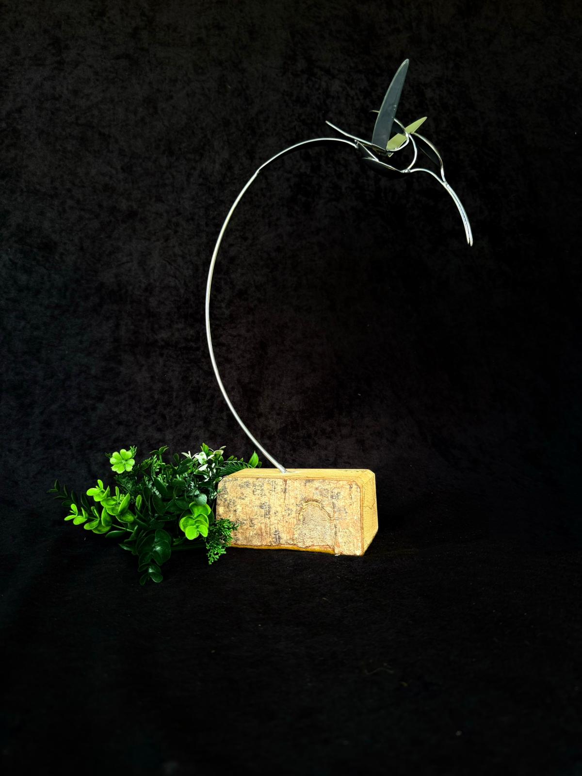 Metal Humming Bird Sculpture on Wood