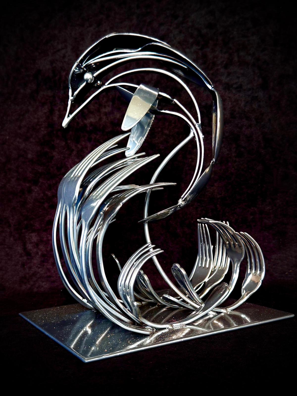 Hand crafted Dolphin no Waves Sculpture Made From Cutlery