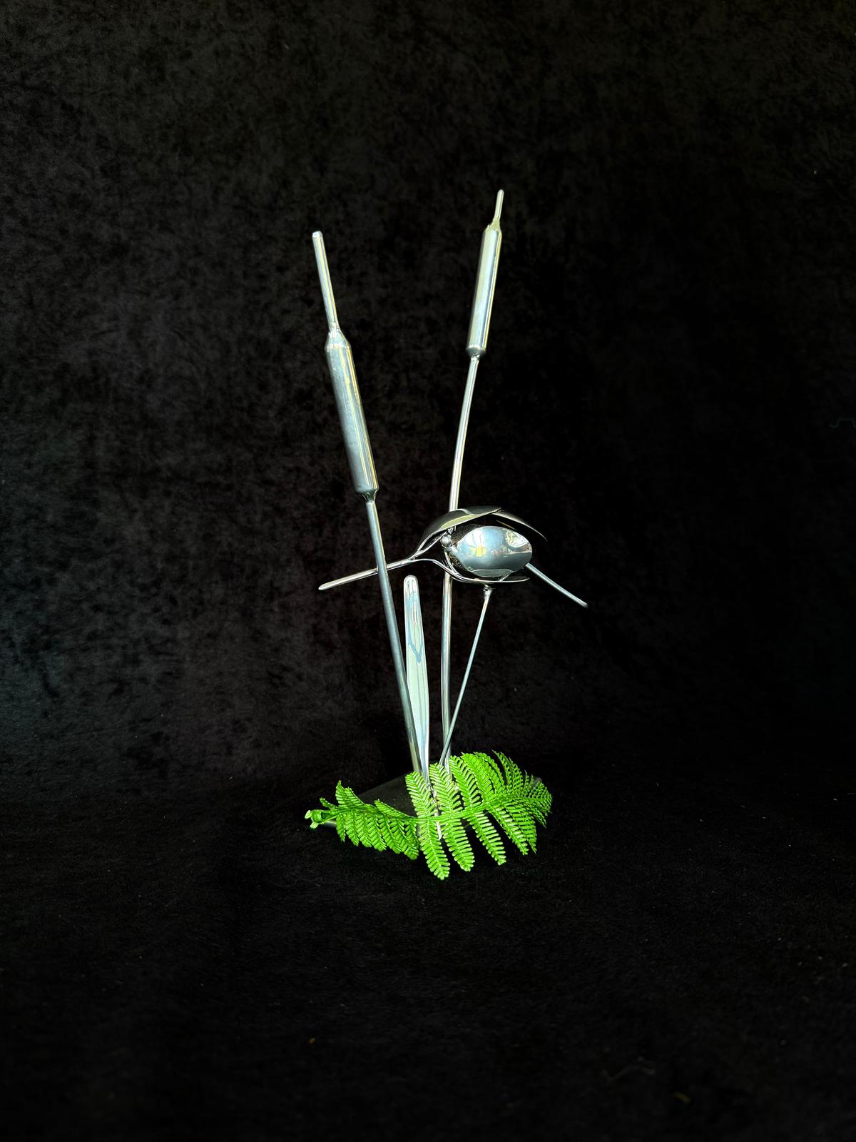 Metal Reed and Bird Sculpture