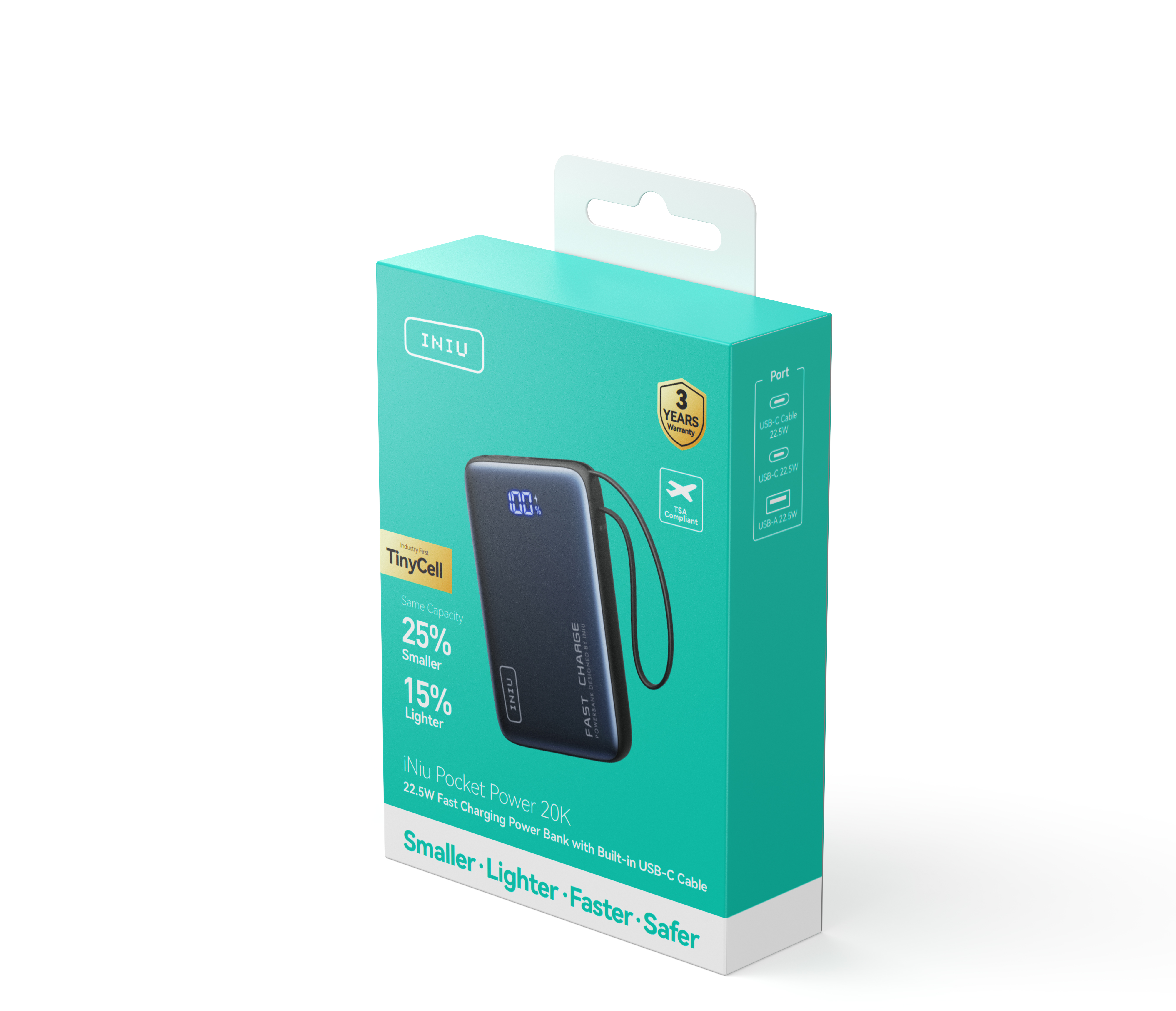 INIU Portable Charger, Compact 20000mAh PD 20W Power Bank with Built-in USB-C Cable(IN&OUT) for iPhone, Samsung etc.