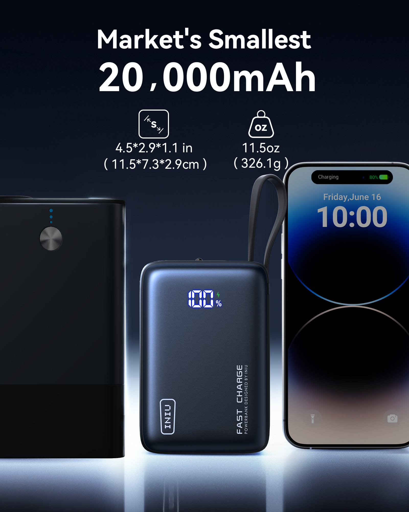 INIU Portable Charger, Compact 20000mAh PD 20W Power Bank with Built-in USB-C Cable(IN&OUT) for iPhone, Samsung etc.