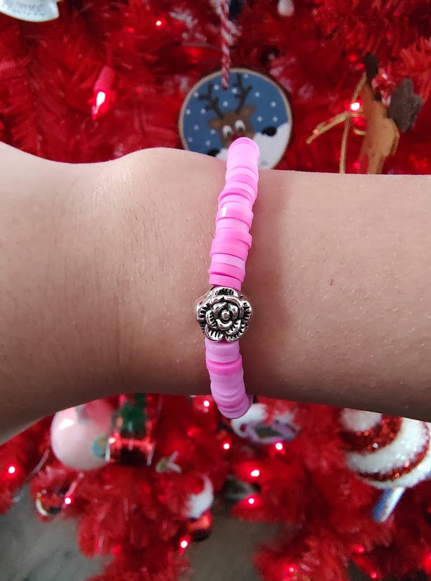 Pink Beaded Bracelet with Silver Flower Charm
