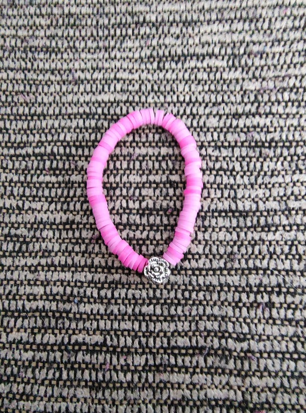 Pink Beaded Bracelet with Silver Flower Charm