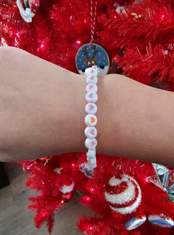 White Beaded Bracelet with Heart Charms