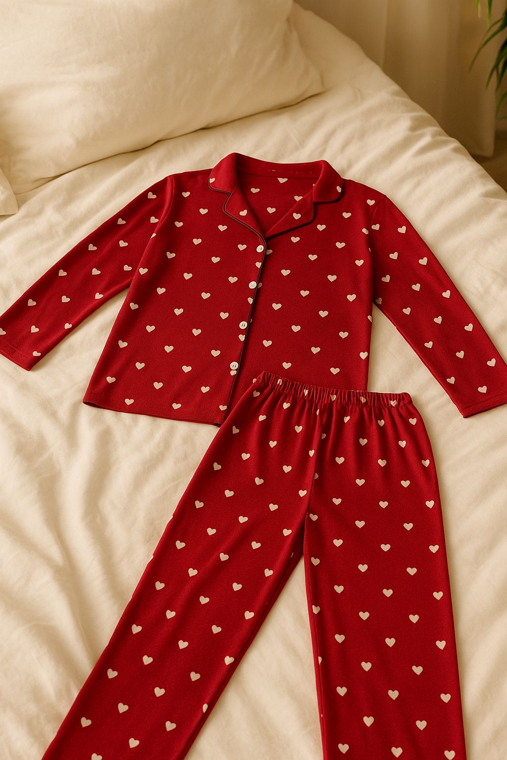 Pijama rojo con corazones pequeños blancos