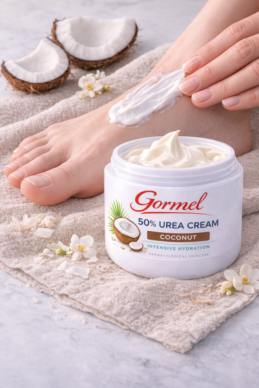 Gormel 50% Urea Cream Coconut – Intensive Hydration for Extremely Dry, Rough & Thick Skin – Softens Calluses, Heels & Feet – Coconut-Infused Dermatological Skincare – 4 oz Jar