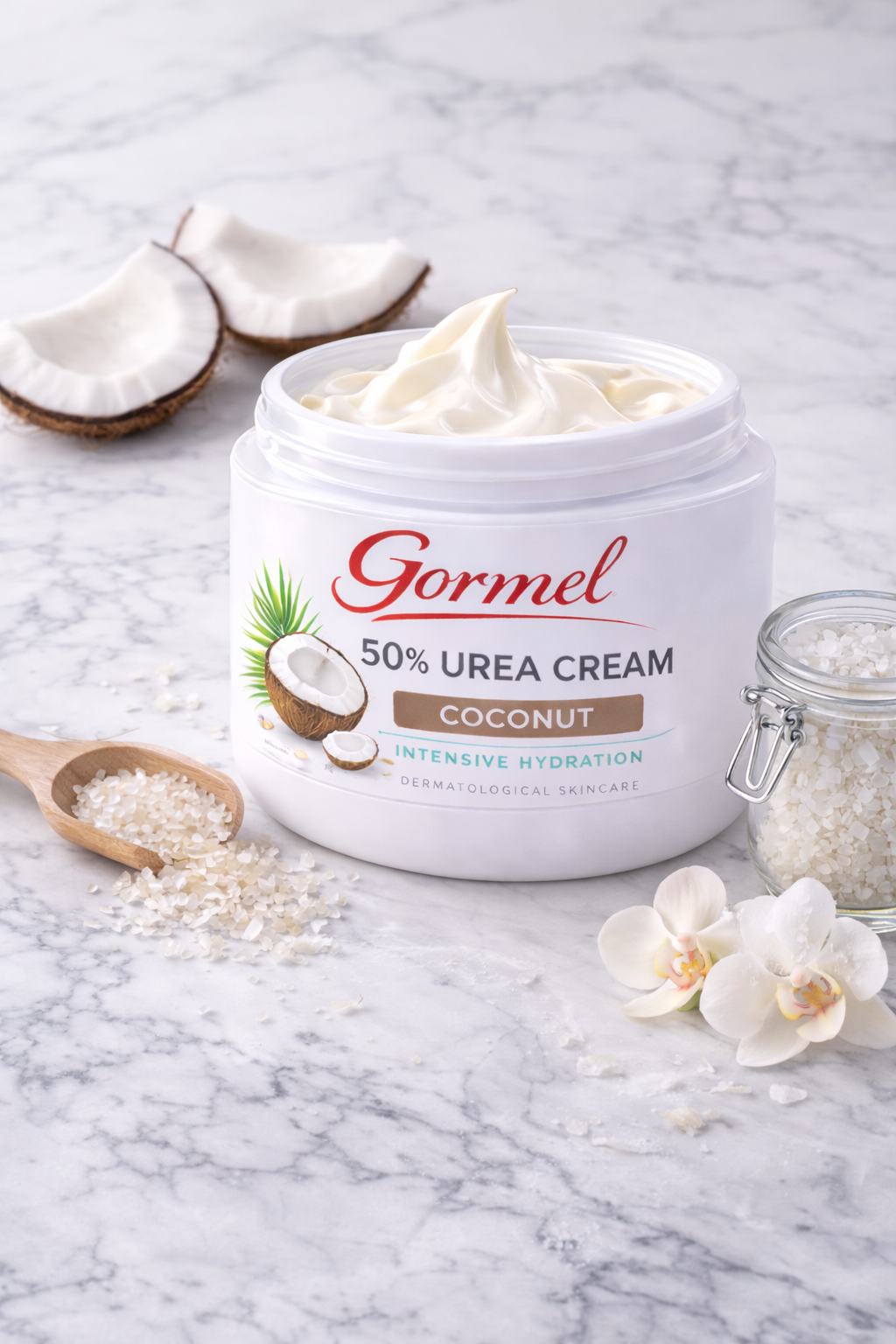 Gormel 50% Urea Cream Coconut – Intensive Hydration for Extremely Dry, Rough & Thick Skin – Softens Calluses, Heels & Feet – Coconut-Infused Dermatological Skincare – 4 oz Jar