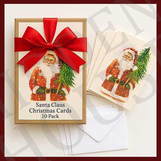 Santa Claus with Tree Print- 10 pack Christmas Cards