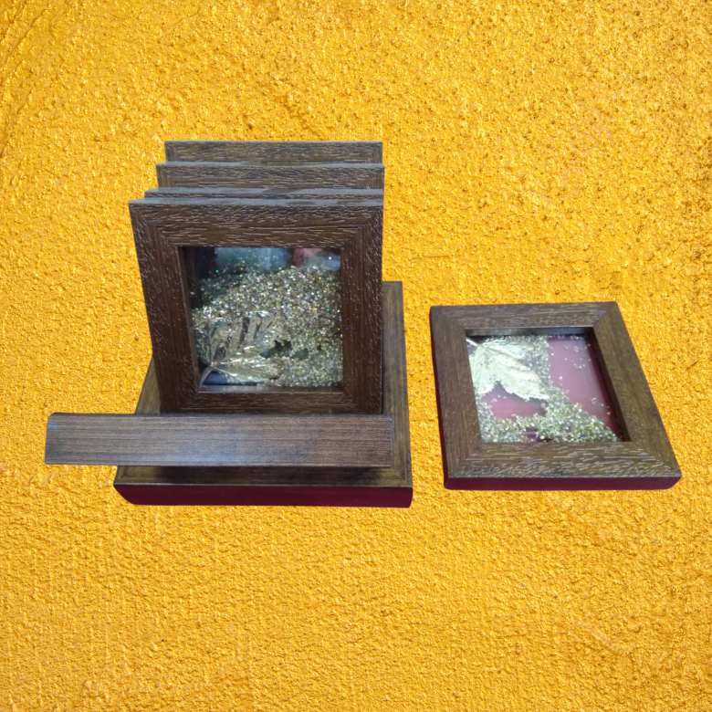 Premium Tea Wooden Coasters, with golden leaf embedded, 4 in a wooden box 