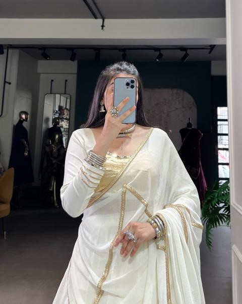 Traditional White Draped Gown Lehenga