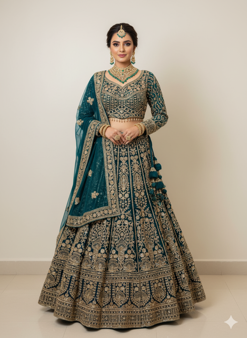 Elegant Teal Embroidered Lehenga
