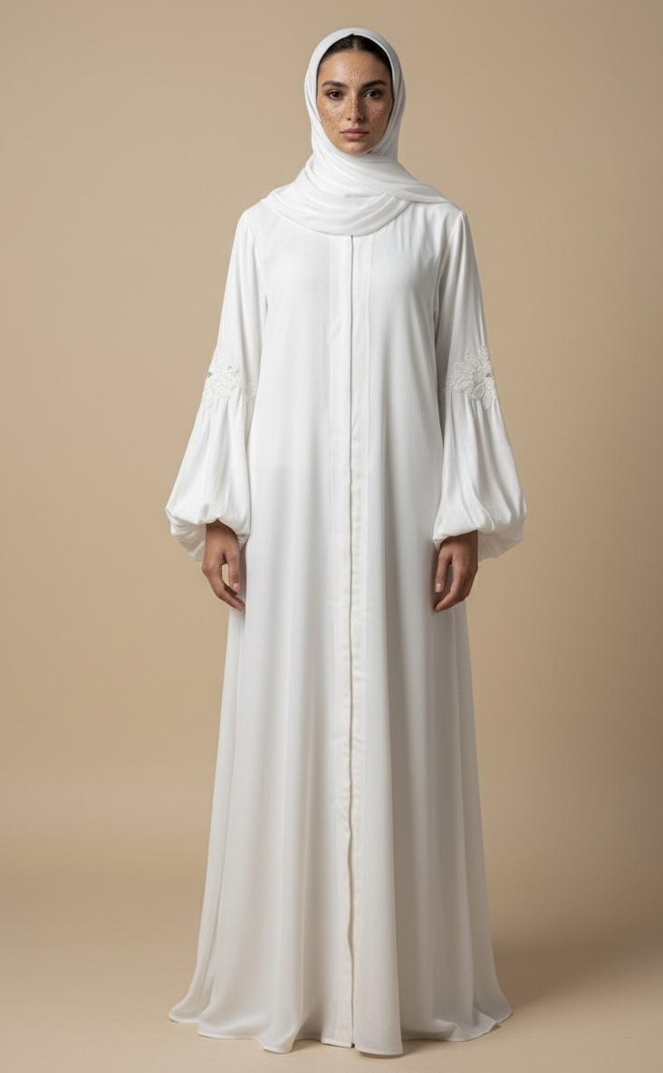 White Balloon-sleeve Lace Abaya