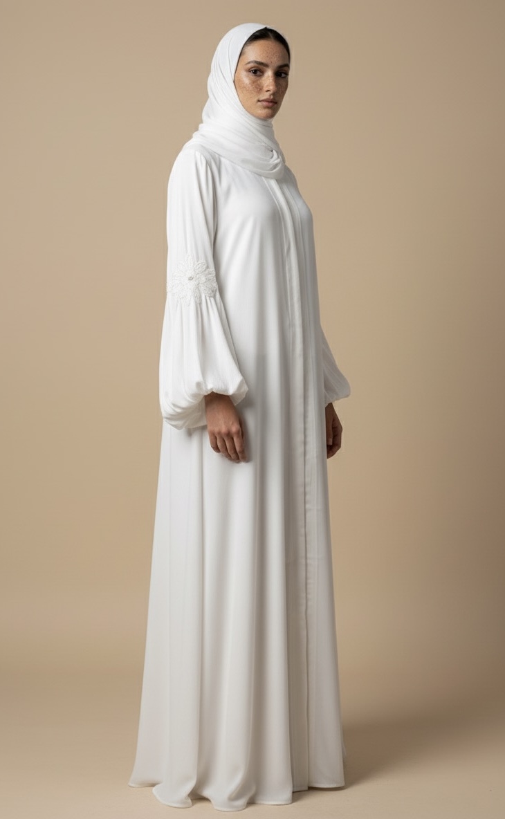 White Balloon-sleeve Lace Abaya