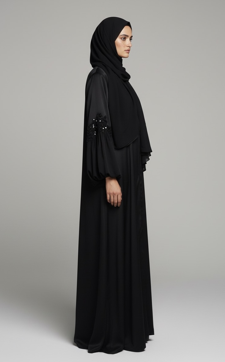 Black Balloon-sleeved Lace Abaya