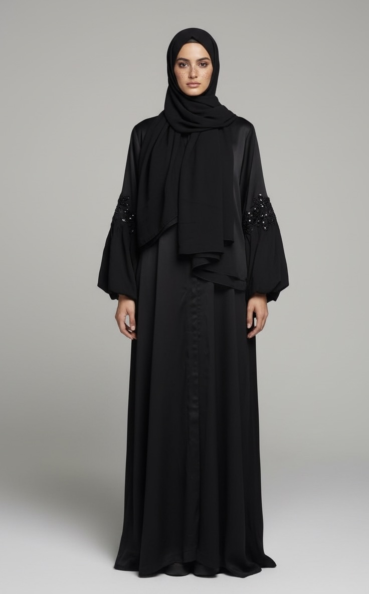 Black Balloon-sleeved Lace Abaya