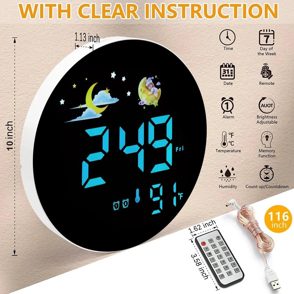 LED Wall Clock with Remote Control, 
