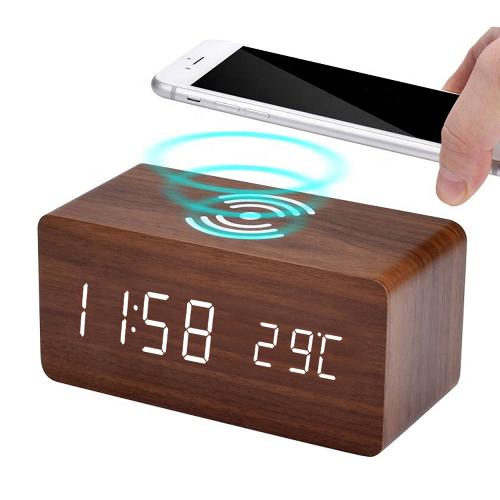 Wooden Alarm Clock with Wireless Charging