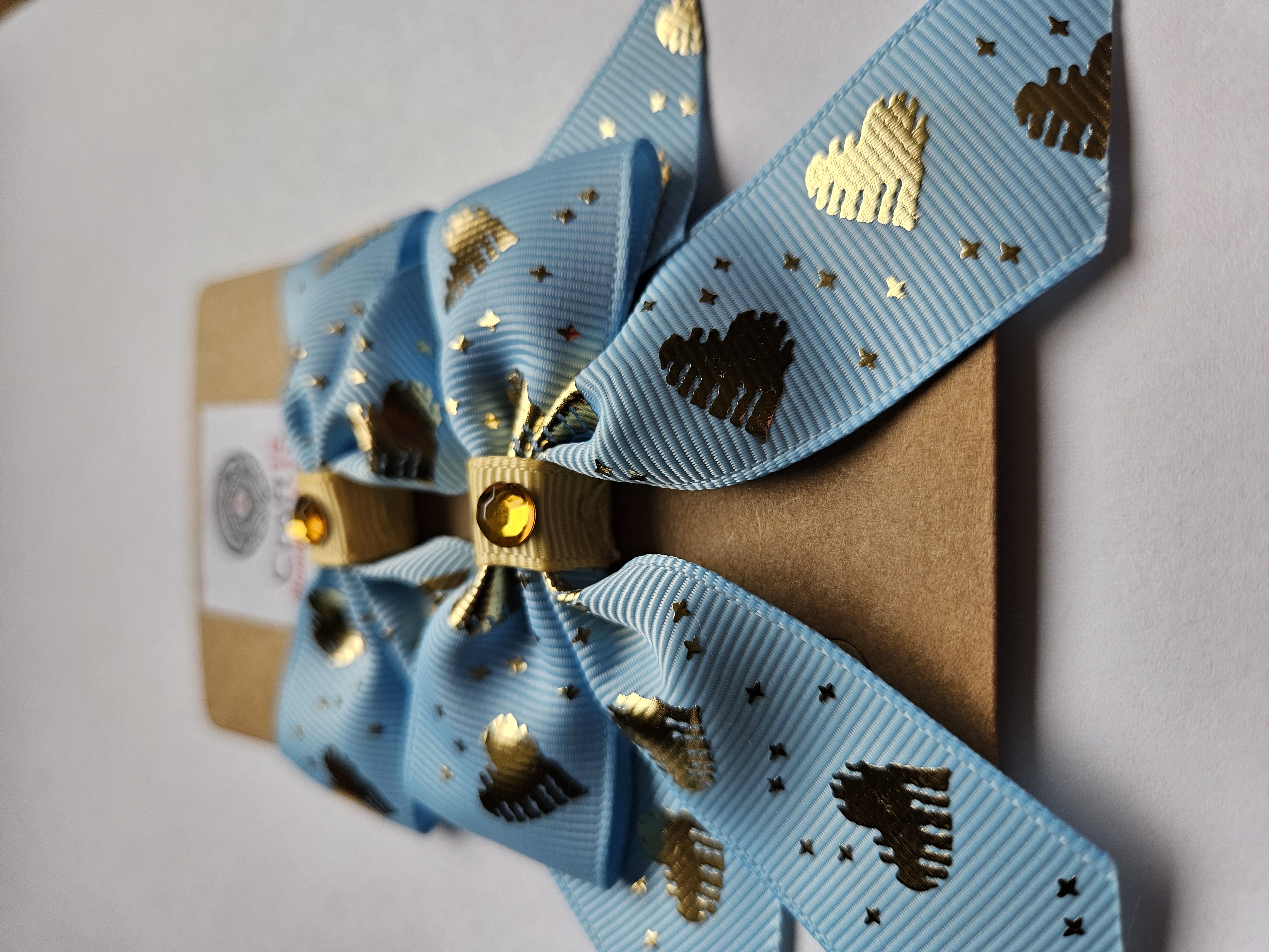 Handmade Hair Bow Set – Blue & Gold Hearts