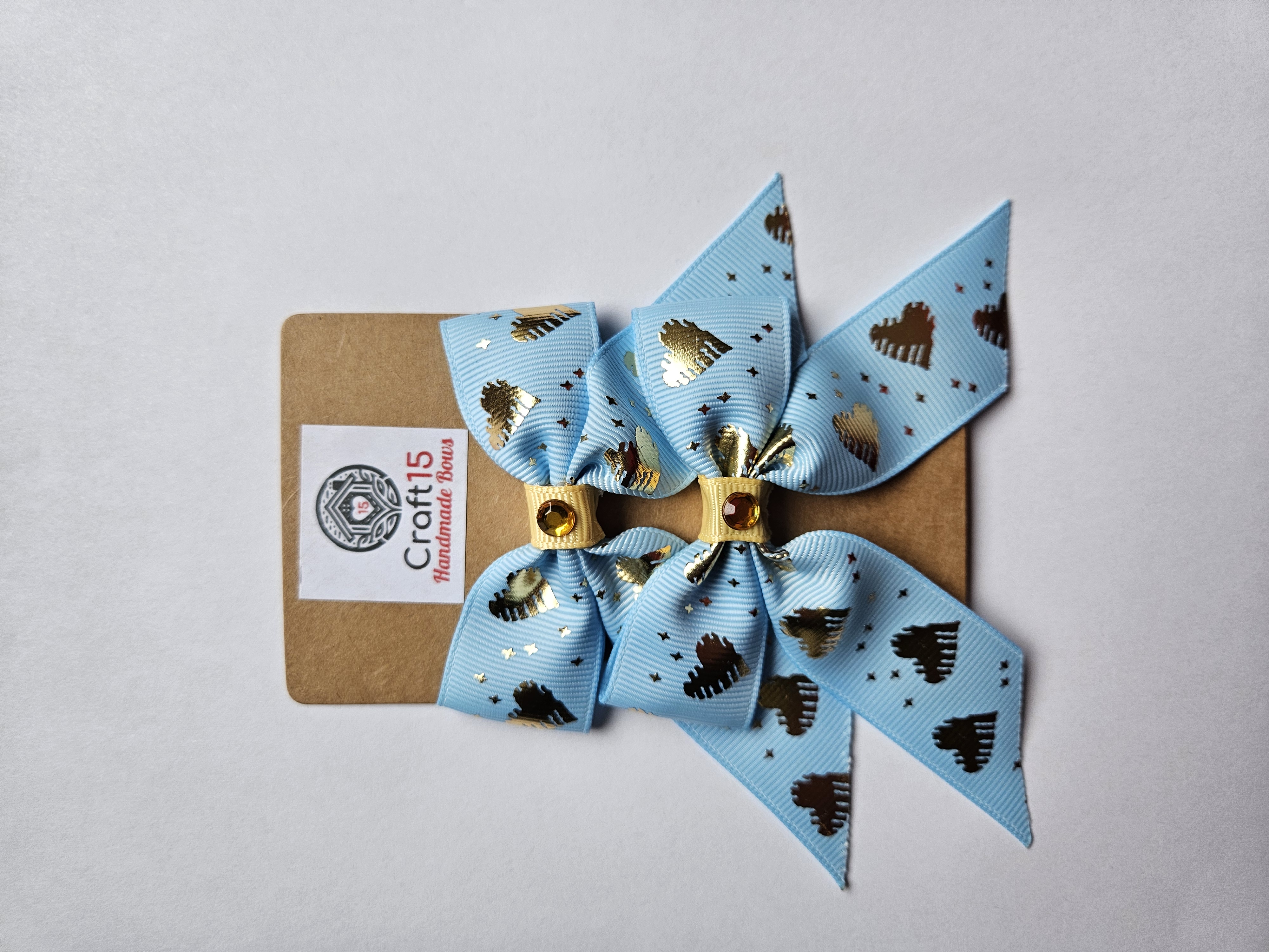 Handmade Hair Bow Set – Blue & Gold Hearts