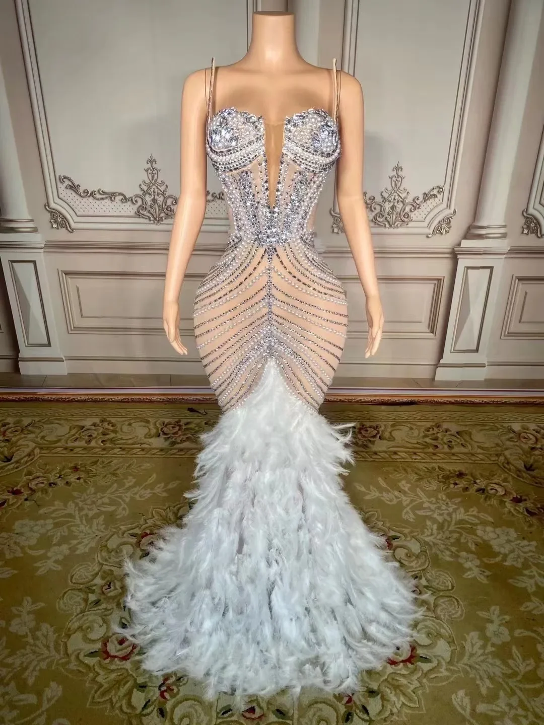 Sparkly Rhinestones Pearls Floor-length Feathers Dress 