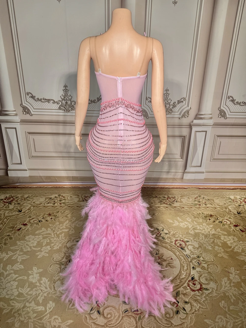 Sparkly Rhinestones Pearls Floor-length Feathers Dress 