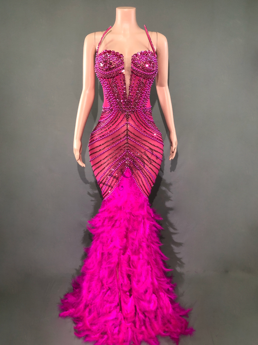 Sparkly Rhinestones Pearls Floor-length Feathers Dress 