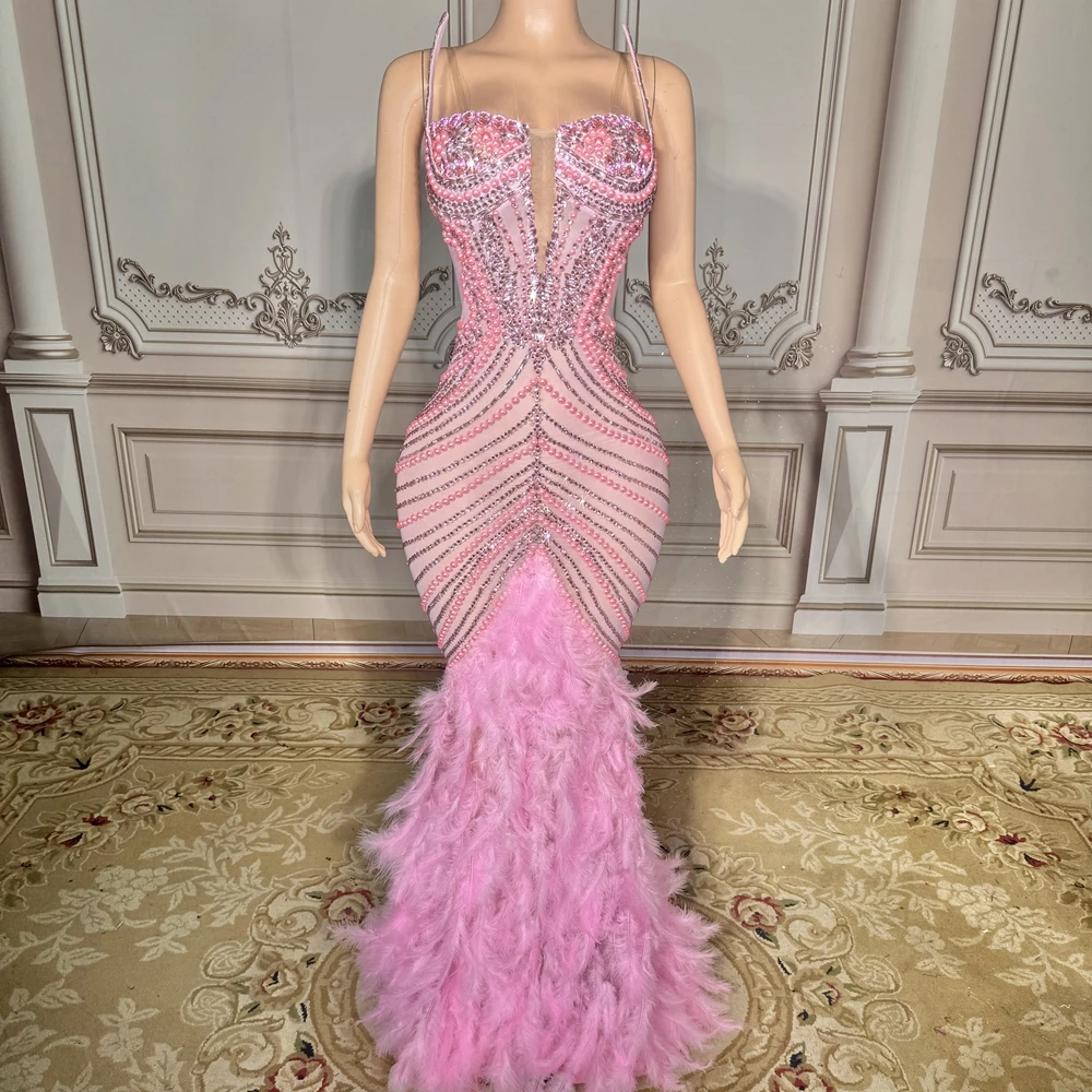 Sparkly Rhinestones Pearls Floor-length Feathers Dress 