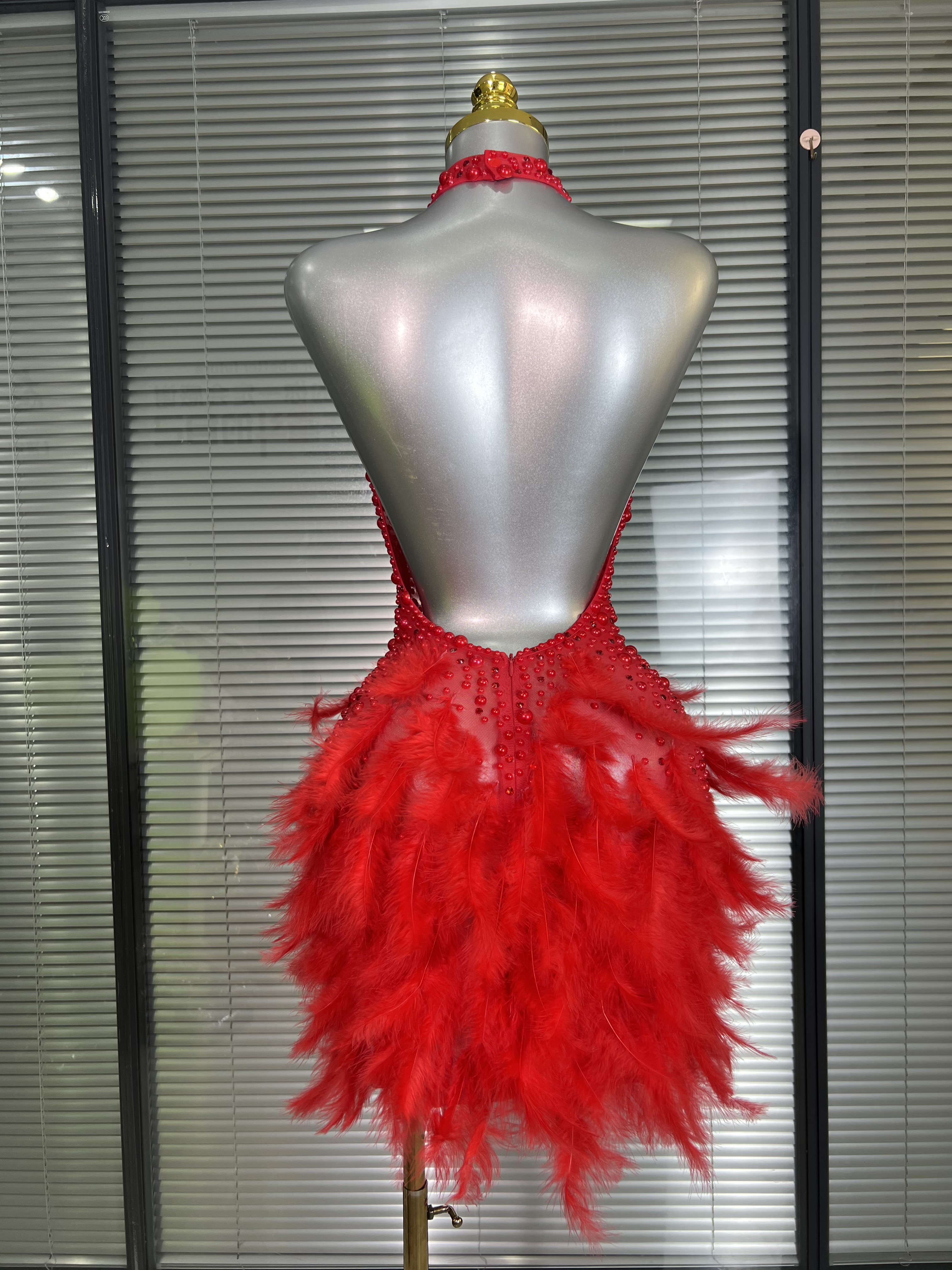 women Backless Mesh Crystal Diamonds Feathers Performance Costume Stage Dancer Mini Stretchy Night Club Party Dress