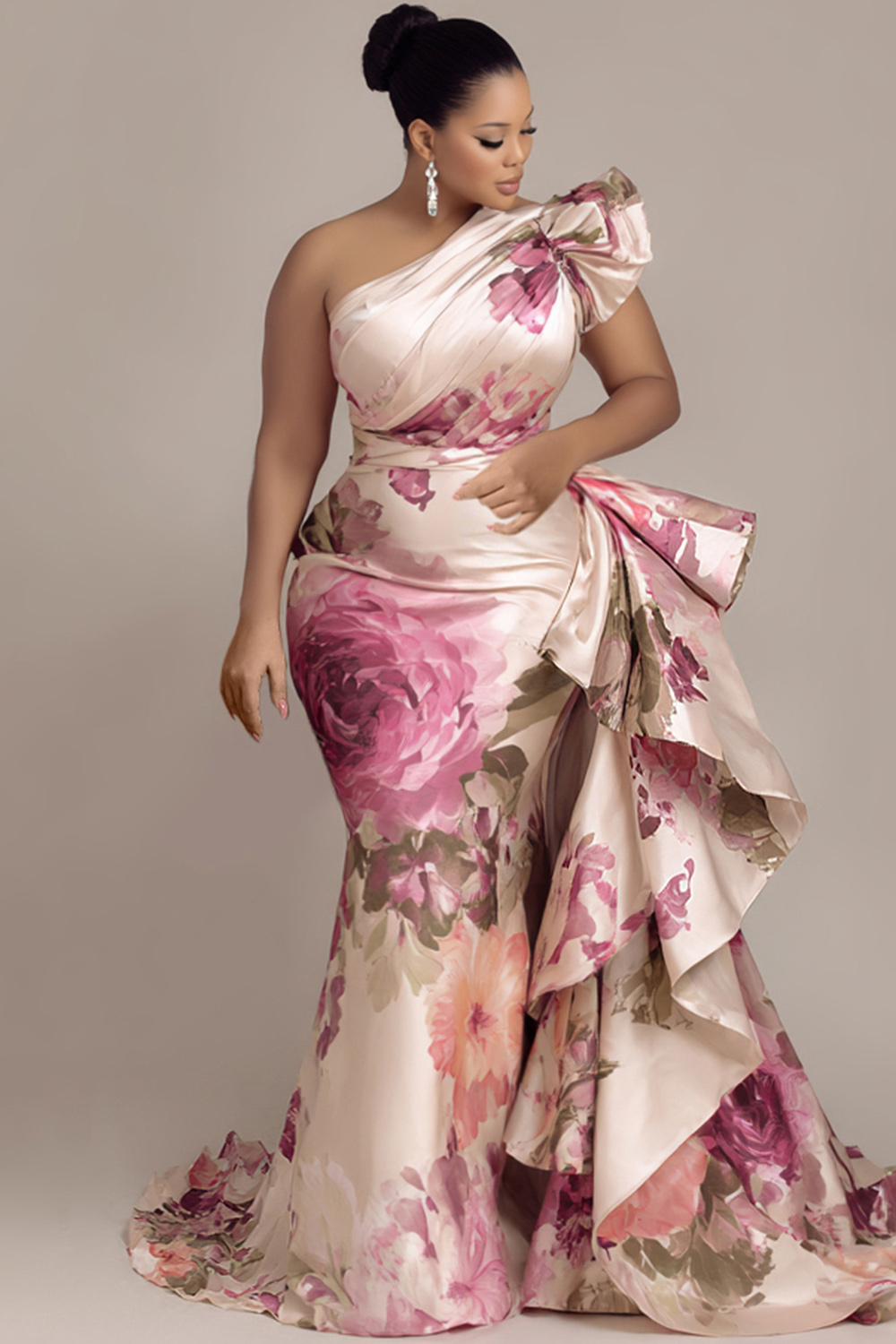 Elegant Floral One-Shoulder Evening Gown