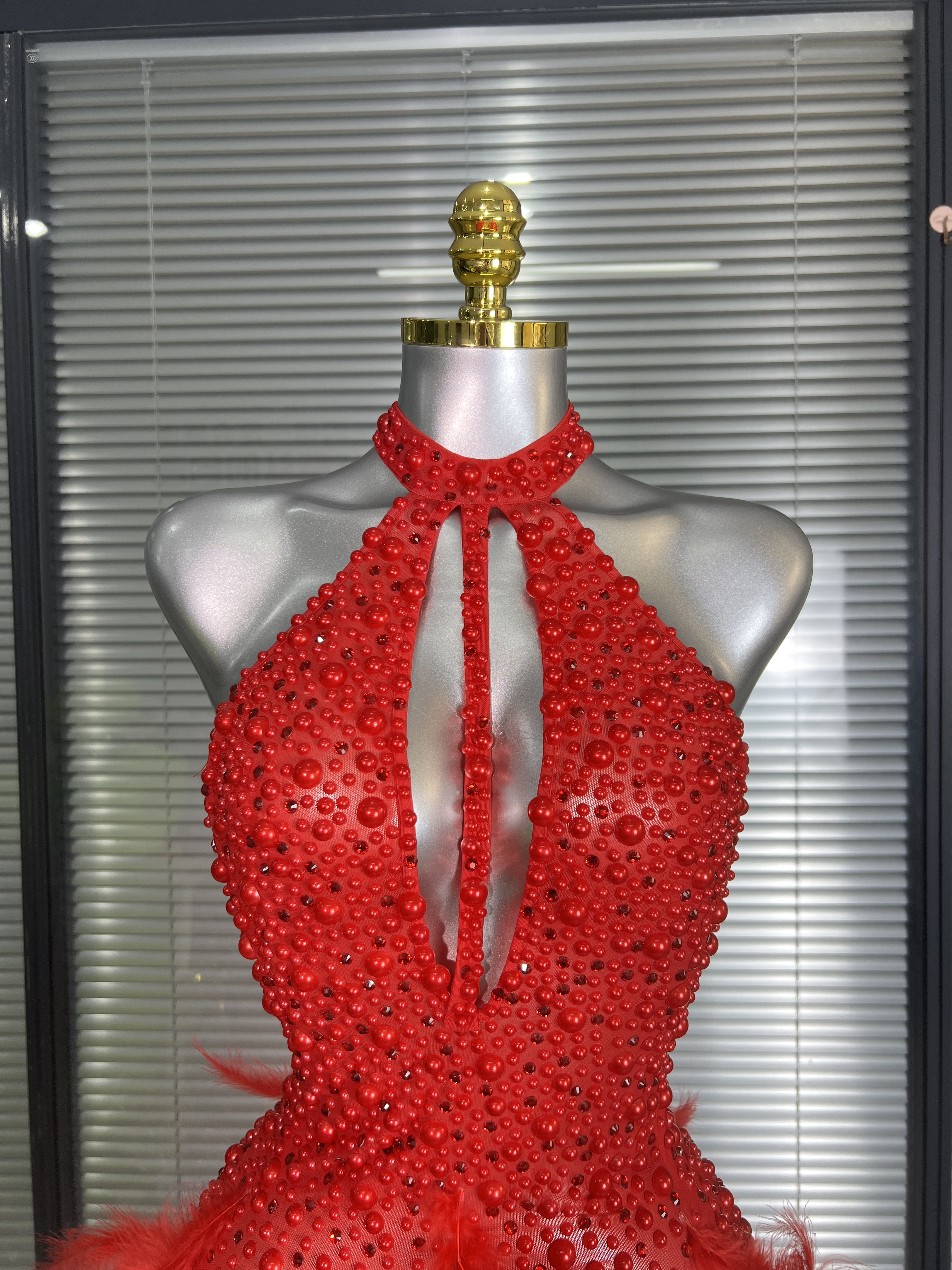 women Backless Mesh Crystal Diamonds Feathers Performance Costume Stage Dancer Mini Stretchy Night Club Party Dress