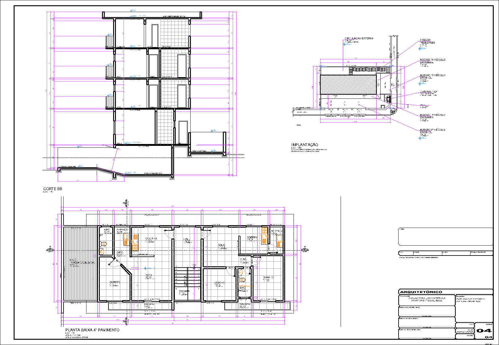 Prédio, 6 aptos., 3 salas comerciais, arquitetônico, 4 pranchas A1