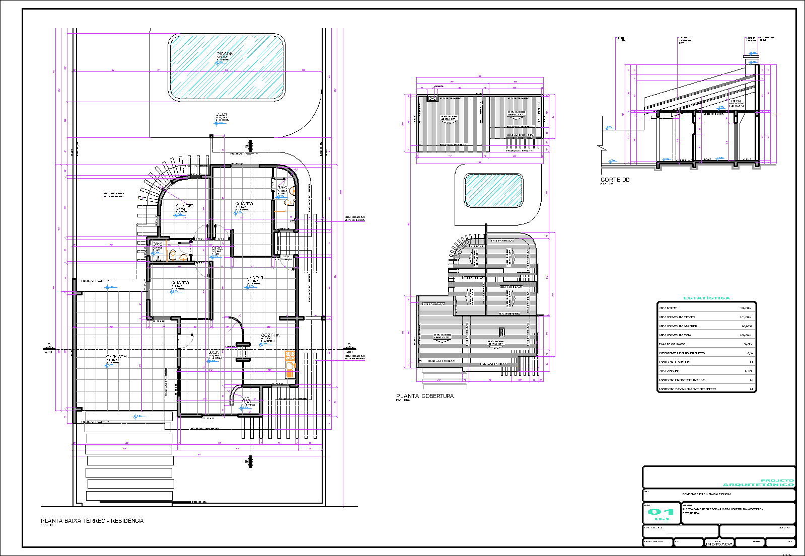 Residência com edícula, arquitetônico, 3 pranchas A1