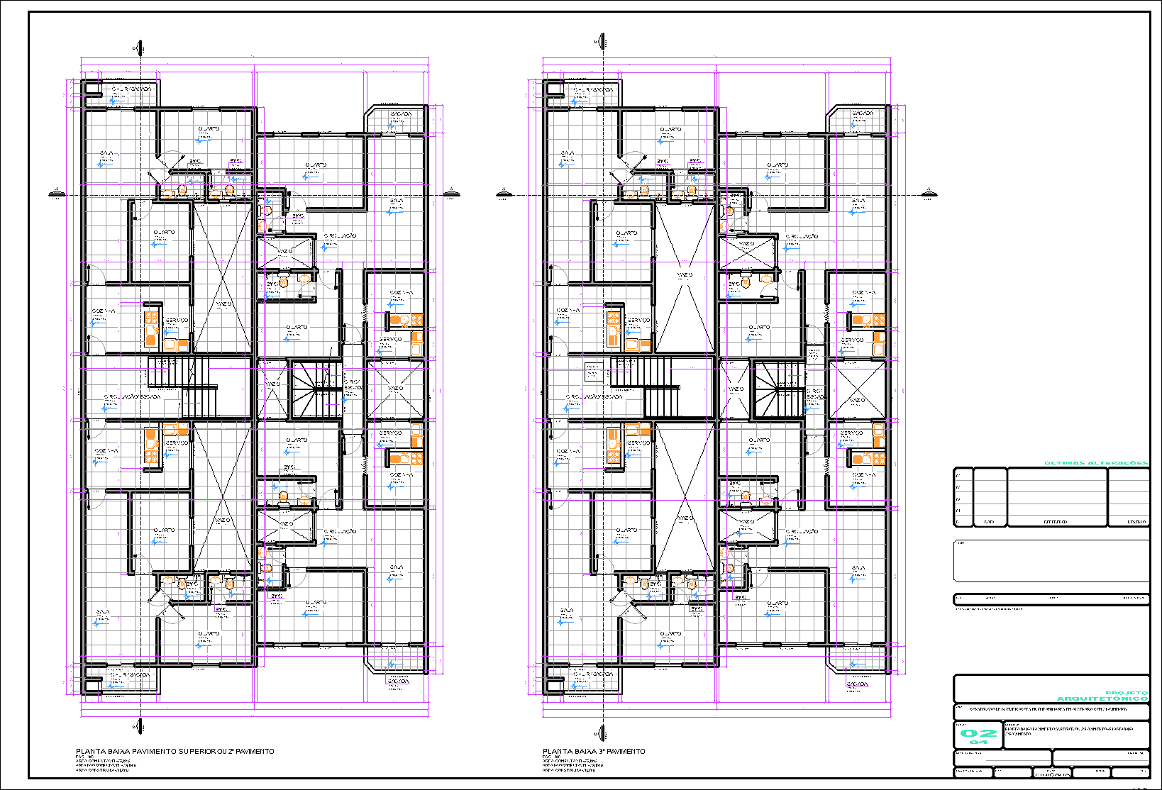 2 Prédios, 12 aptos., arquitetônico, 4 pranchas A1